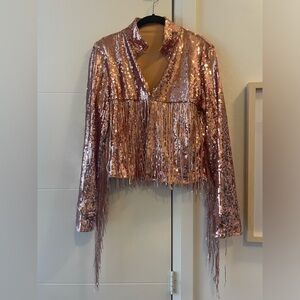 Gold sequin fringe jacket with clasp closure - size M